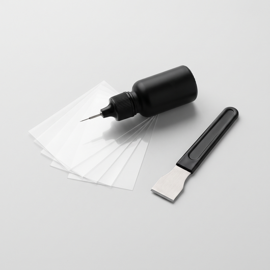 SHORTER GlassFix windshield repair kit: resin applicator, curing films and razor blade